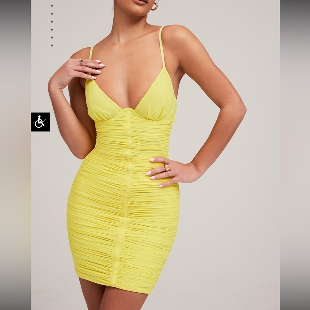 Mistress Rocks Yellow Ruched mini Dress spotlight lemon plunge sexy large New